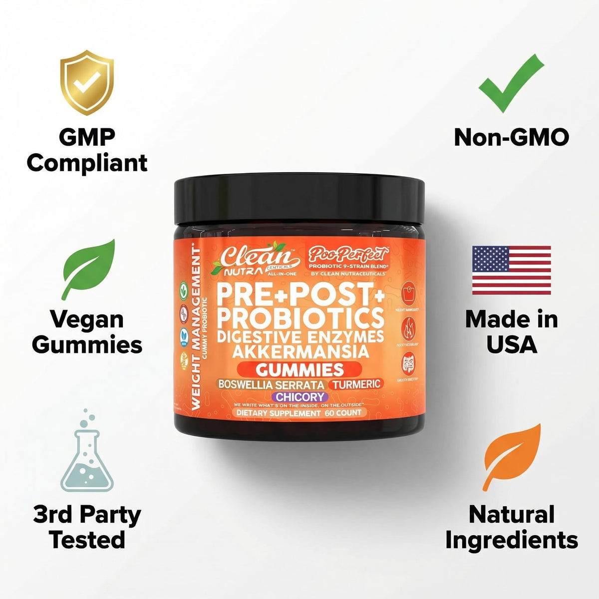 Clean Nutra Prebiotic Postbiotic Digestive Enzymes Gummies with Chicory Root, Boswellia Serrata, Turmeric, and Akkermansia | Pre+Post Probiotics Supplement - PrimeBioHealth - canada supplements