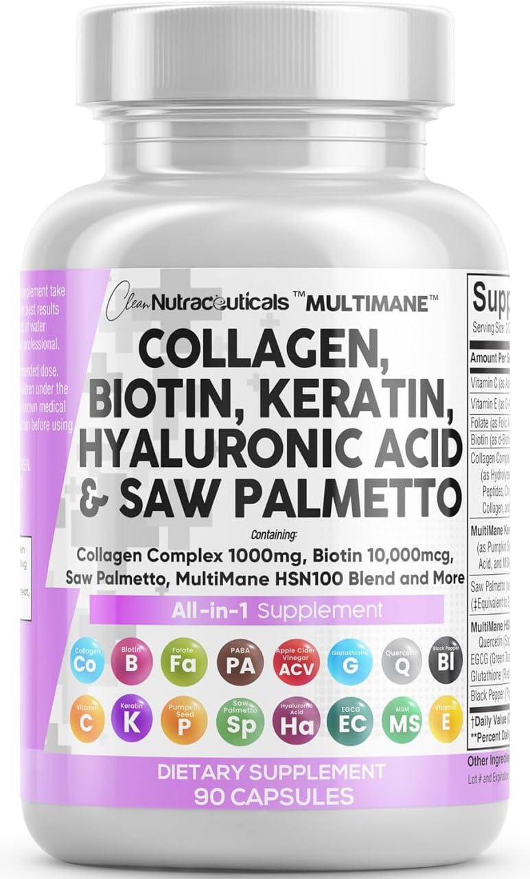 Clean Nutraceuticals Collagen Pills 1000mg Biotin 10000mcg Keratin Saw Palmetto Hyaluronic Acid - Hair Skin & Nails Vitamins & DHT Blocker with Vitamin E Folic Acid - PrimeBioHealth - canada supplements