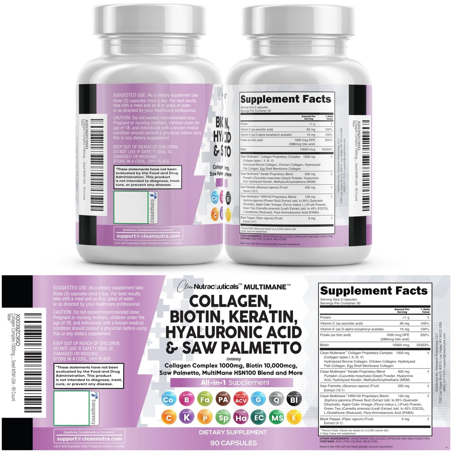 Clean Nutraceuticals Collagen Pills 1000mg Biotin 10000mcg Keratin Saw Palmetto Hyaluronic Acid - Hair Skin & Nails Vitamins & DHT Blocker with Vitamin E Folic Acid - PrimeBioHealth - canada supplements