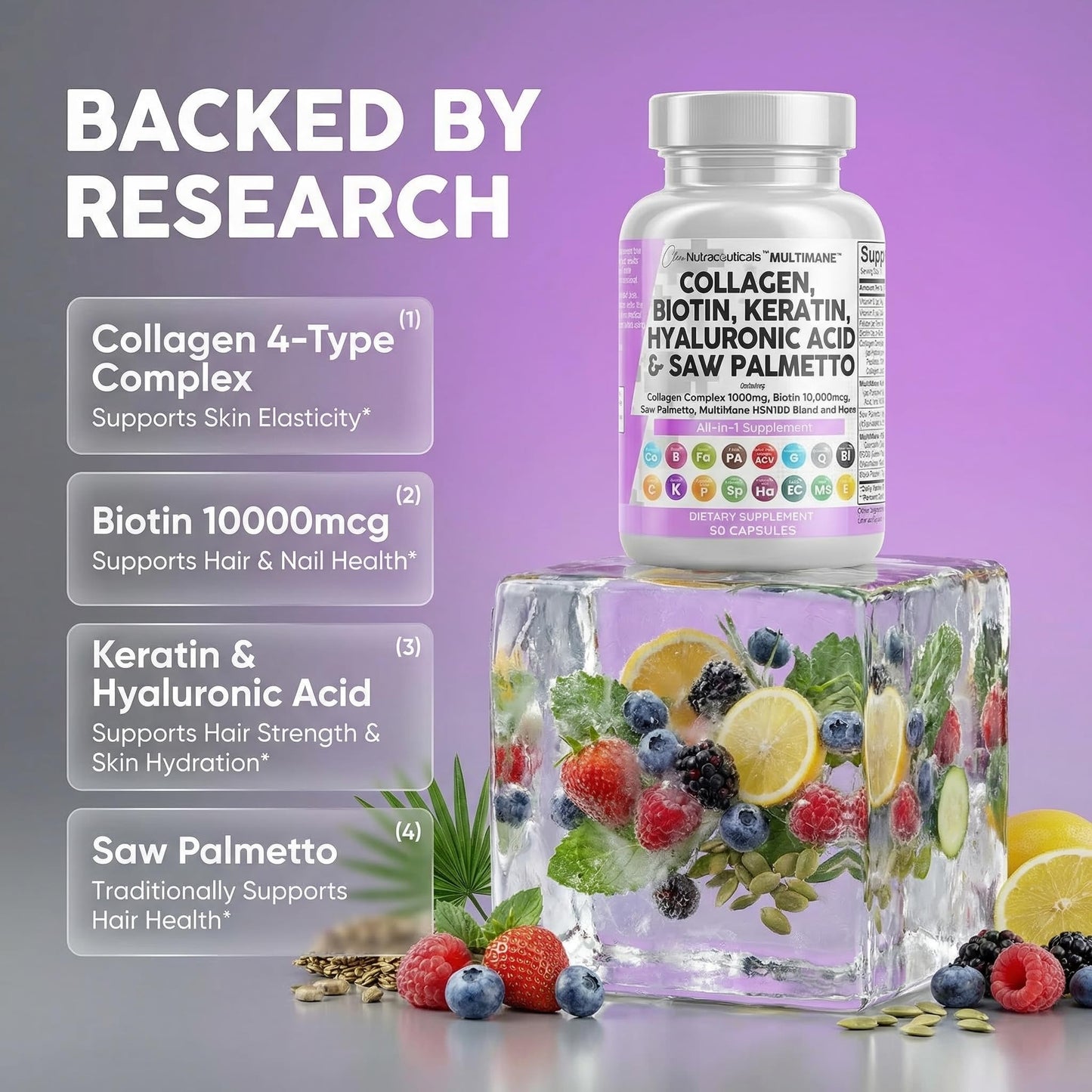 Clean Nutraceuticals Collagen Pills 1000mg Biotin 10000mcg Keratin Saw Palmetto Hyaluronic Acid - Hair Skin & Nails Vitamins & DHT Blocker with Vitamin E Folic Acid - PrimeBioHealth - canada supplements