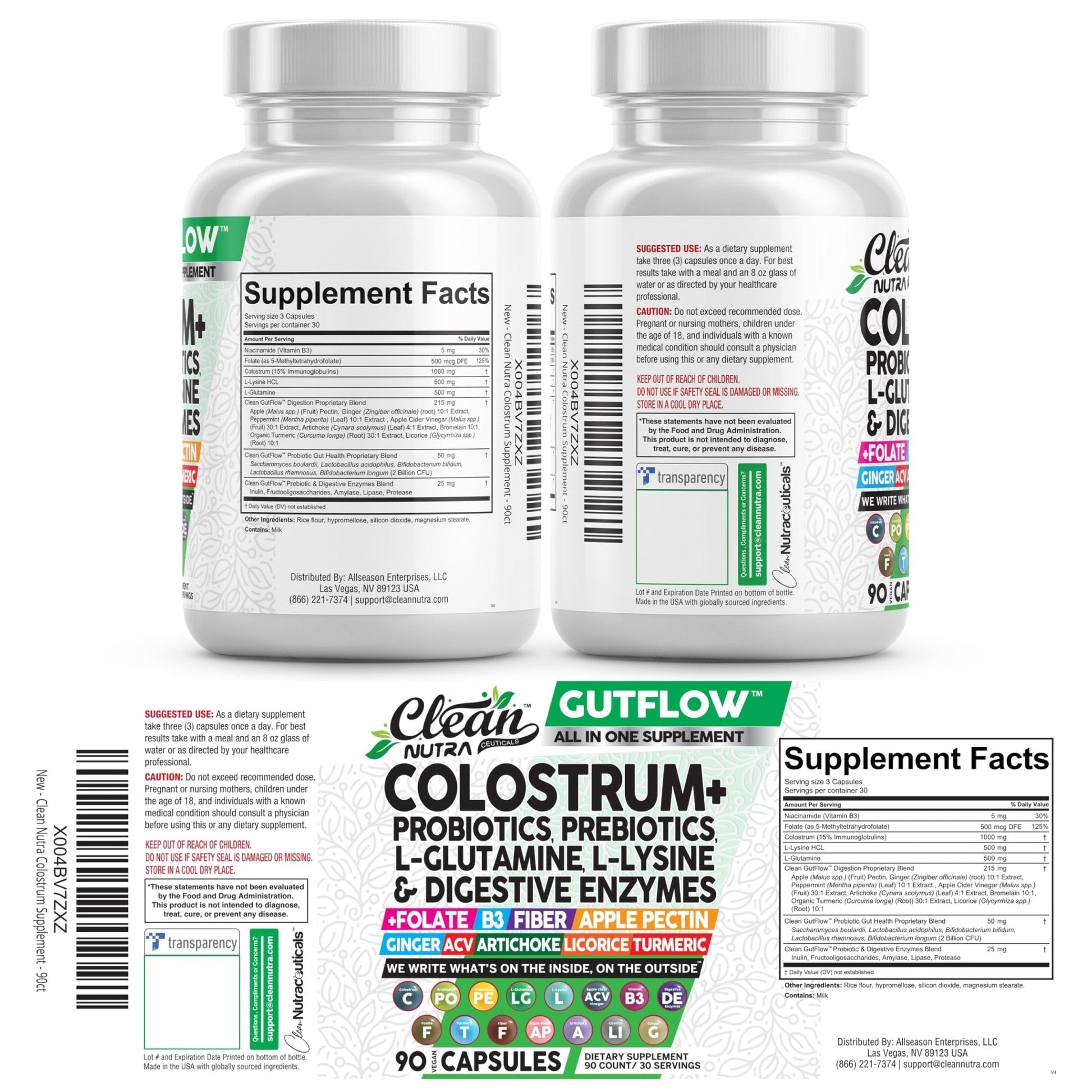 Clean Nutraceuticals Colostrum Supplement Capsules Probiotics Pills Prebiotics, L-Glutamine, Digestive Enzymes, Folate, Fiber, ACV, Turmeric, Apple Pectin and Turmeric Pills - PrimeBioHealth - canada supplements