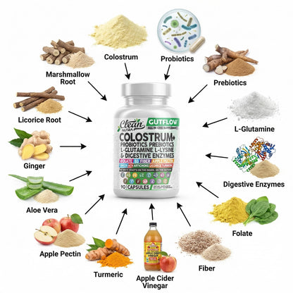 Clean Nutraceuticals Colostrum Supplement Capsules Probiotics Pills Prebiotics, L-Glutamine, Digestive Enzymes, Folate, Fiber, ACV, Turmeric, Apple Pectin and Turmeric Pills - PrimeBioHealth - canada supplements
