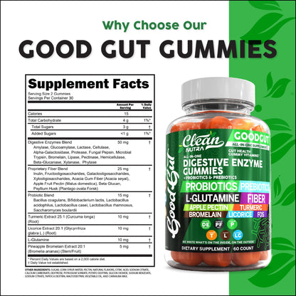 Clean Nutraceuticals Digestive Enzymes with Probiotics & Prebiotics for Digestive Health Gummies & L-Glutamine for Gut Health Bromelain Apple Pectin Inulin FOS Plant - PrimeBioHealth - canada supplements