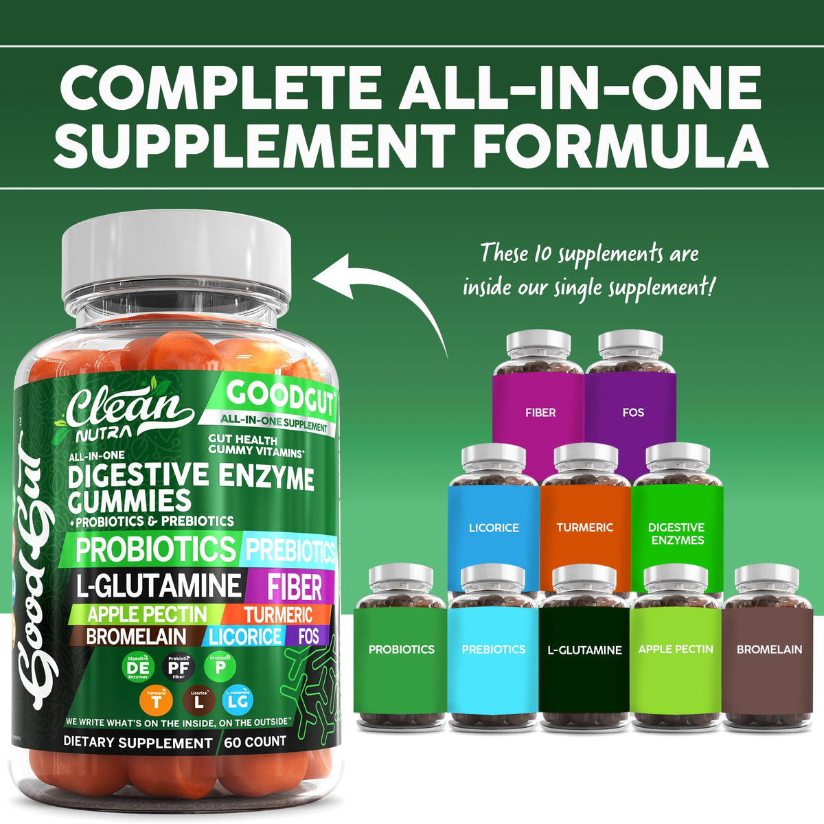 Clean Nutraceuticals Digestive Enzymes with Probiotics & Prebiotics for Digestive Health Gummies & L-Glutamine for Gut Health Bromelain Apple Pectin Inulin FOS Plant - PrimeBioHealth - canada supplements