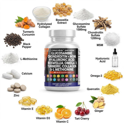 Clean Nutraceuticals Glucosamine 1500mg Chondroitin 1200mg MSM with Turmeric Curcumin, Collagen, Hyaluronic Acid, Omega 3 – Joint Health Supplement for Men & Women - PrimeBioHealth - canada supplements