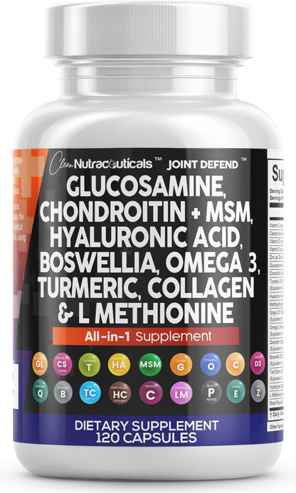 Clean Nutraceuticals Glucosamine 1500mg Chondroitin 1200mg MSM with Turmeric Curcumin, Collagen, Hyaluronic Acid, Omega 3 – Joint Health Supplement for Men & Women - PrimeBioHealth - canada supplements