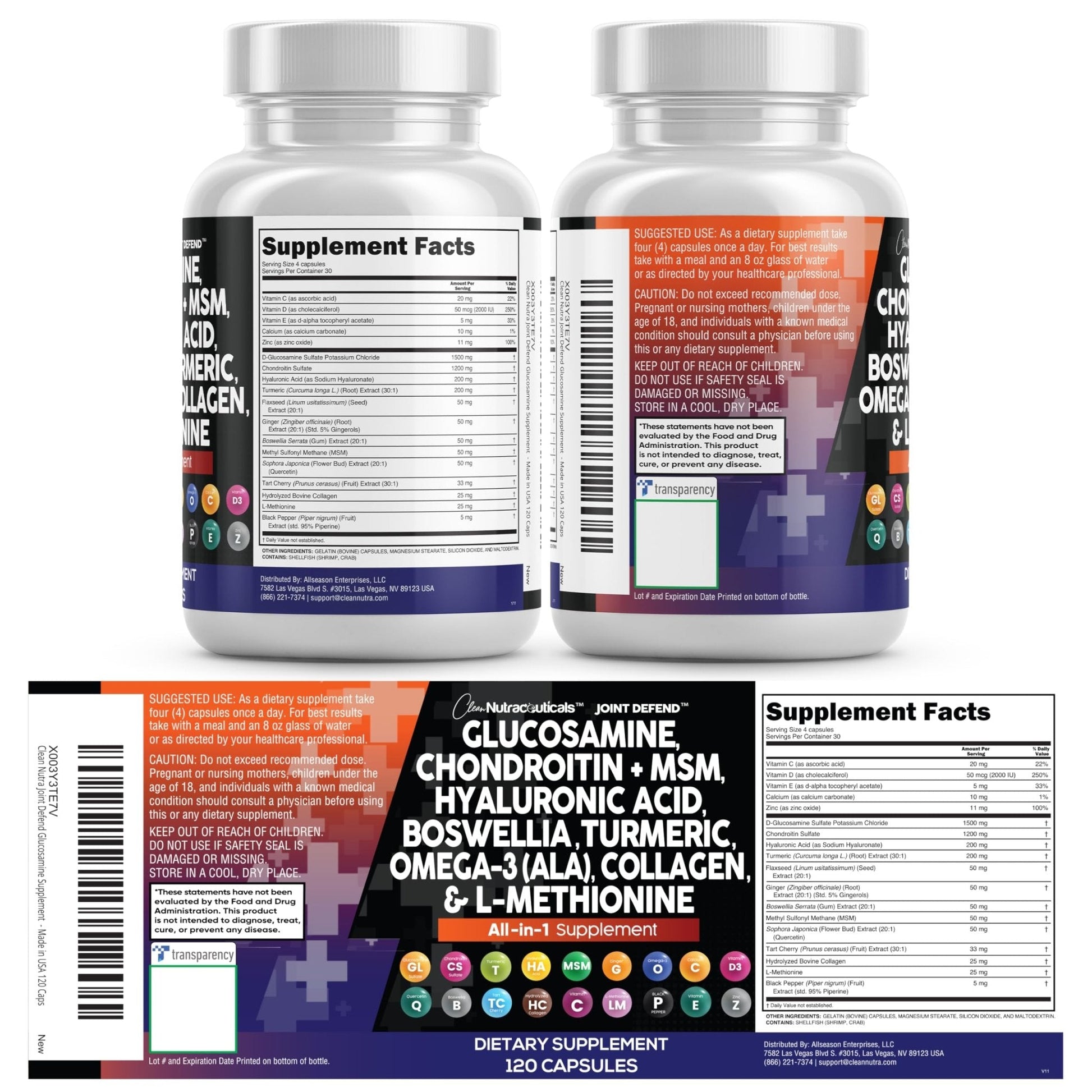 Clean Nutraceuticals Glucosamine 1500mg Chondroitin 1200mg MSM with Turmeric Curcumin, Collagen, Hyaluronic Acid, Omega 3 – Joint Health Supplement for Men & Women - PrimeBioHealth - canada supplements