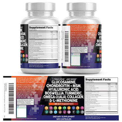 Clean Nutraceuticals Glucosamine 1500mg Chondroitin 1200mg MSM with Turmeric Curcumin, Collagen, Hyaluronic Acid, Omega 3 – Joint Health Supplement for Men & Women - PrimeBioHealth - canada supplements