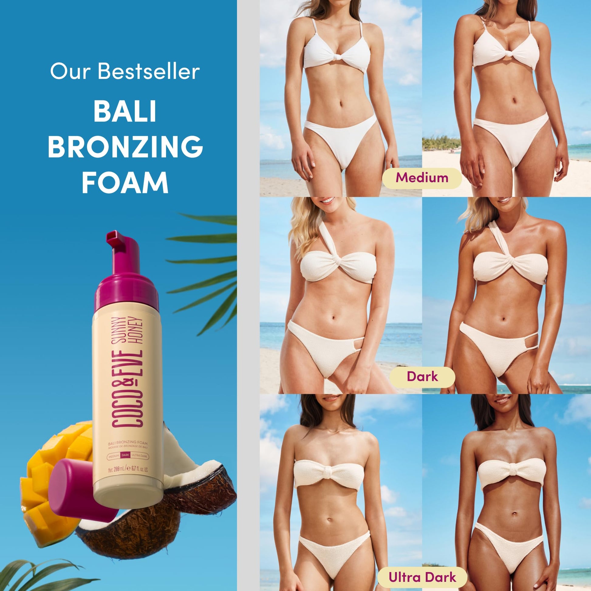 Coco & Eve Sunny Honey Self Tanner Foam - (Medium) Fast Drying, Streak-Free Sunless Tanning Mousse, Tropically Scented Lightweight Natural Looking Tan - PrimeBioHealth - canada supplements