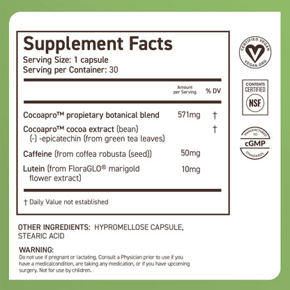 CocoaVia Memory & Focus Brain Supplement, 30 Day, Cocoa Flavanol Blend, Lutein, Added Caffeine for Boost. Improve Cognitive Function, Attention, Vegan & Plant Based, 30 Capsules - PrimeBioHealth - canada supplements