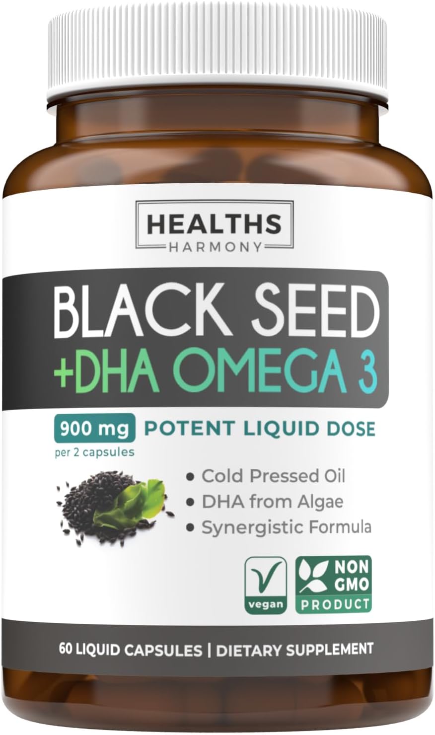 Cold-Pressed Black Seed Oil Capsules - Vegan Non-GMO Nigella Sativa Black Seed Oil Supplement with Omega 3 DHA for Full Body Wellness & Brain Support - Vegan Omega 3 & Thymoquinone-Rich (1 Month) - PrimeBioHealth - canada supplements