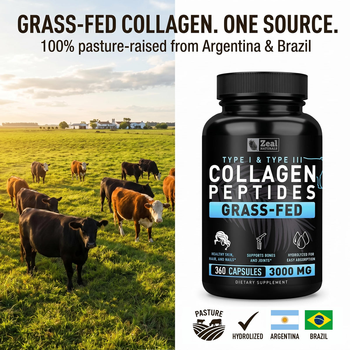 Collagen Peptides Capsules 360 Count - Grass Fed Bovine Hydrolyzed Collagen Pills - Hair, Skin & Nails, Joint Support - Collagen Supplements for Women & Men - PrimeBioHealth - canada supplements