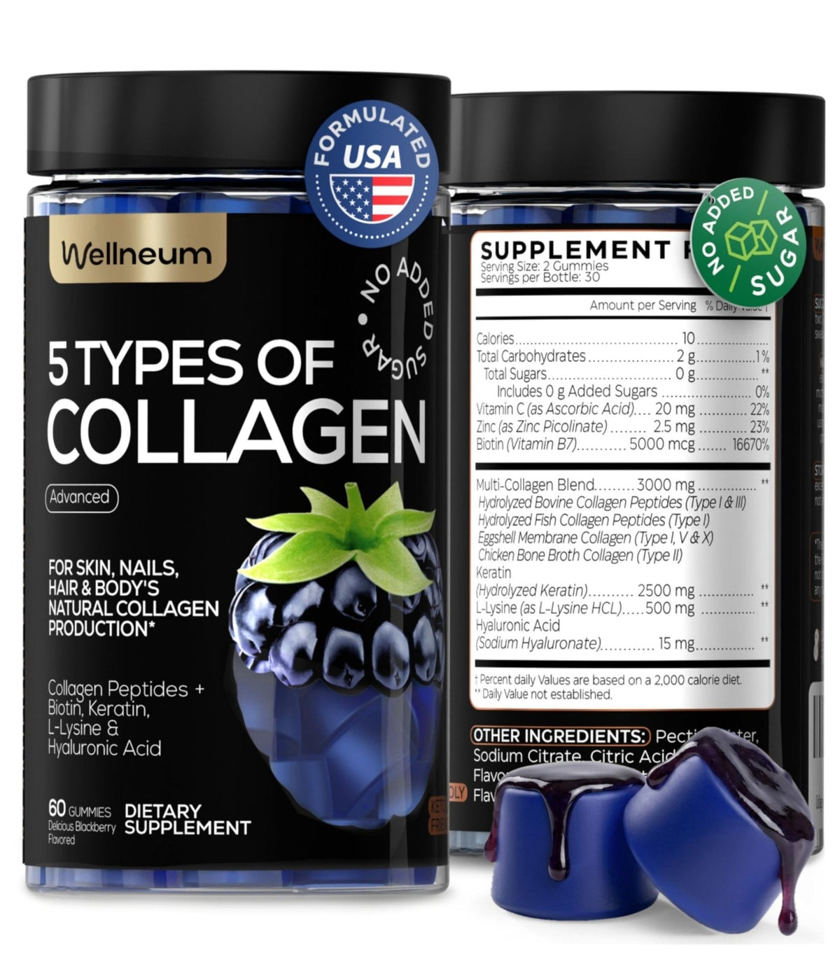 Collagen Peptides Gummies Sugar Free 3000mg Multi Collagen Blend for Hair Skin & Nails Support + 2500mg Keratin + 5000mcg Biotin, Hyaluronic Acid, - PrimeBioHealth - canada supplements