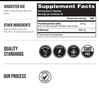 CranEaze®: Cranberry Juice Extract Plus D-Mannose – 36 mg PAC, 100% Soluble PAC - Supports Urinary Tract Health – Most Effective Cranberry Pills for Women, UTI Cranberry Supplement - 60 Capsules - PrimeBioHealth - canada supplements