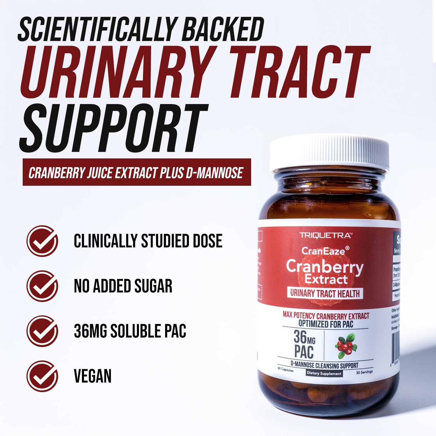 CranEaze®: Cranberry Juice Extract Plus D-Mannose – 36 mg PAC, 100% Soluble PAC - Supports Urinary Tract Health – Most Effective Cranberry Pills for Women, UTI Cranberry Supplement - 60 Capsules - PrimeBioHealth - canada supplements