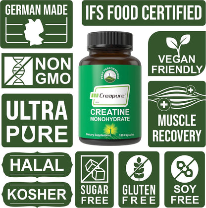 Creapure Creatine Monohydrate 180 Capsules - Ultra High Purity German Made Creatine with Nothing Added at All - Pure Unflavored Pills for Men & Women - No Sugar, Non-GMO, Vegan Friendly Supplement - PrimeBioHealth - canada supplements
