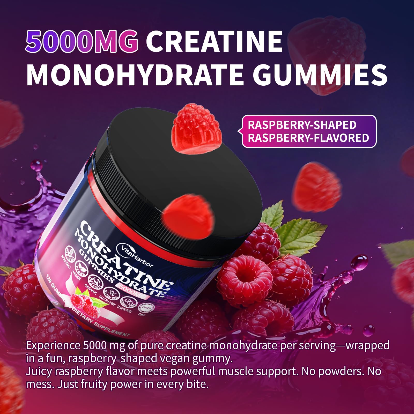 Creatine Monohydrate Gummies 5000mg for Men & Women, Organic Pure Creatine Gummies | Sugar Free,Vegan, Non-GMO,Raspberry Flavor, 120 Count - PrimeBioHealth - canada supplements