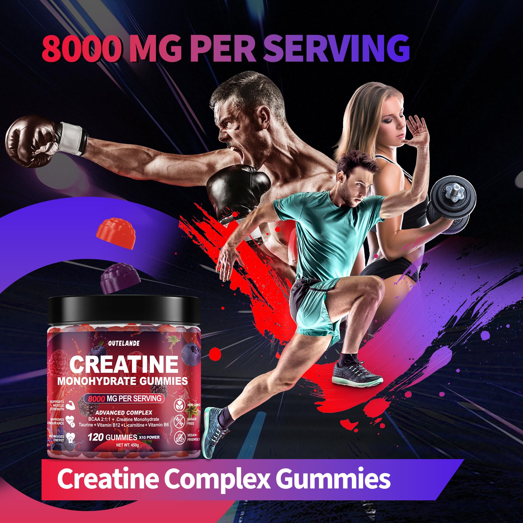 Creatine Monohydrate Gummies 8000 mg for Men & Women, Creatine Supplement for Enhanced Muscle Growth, Energy Boost - with L-Taurine, Sugar Free, Vegan - PrimeBioHealth - canada supplements