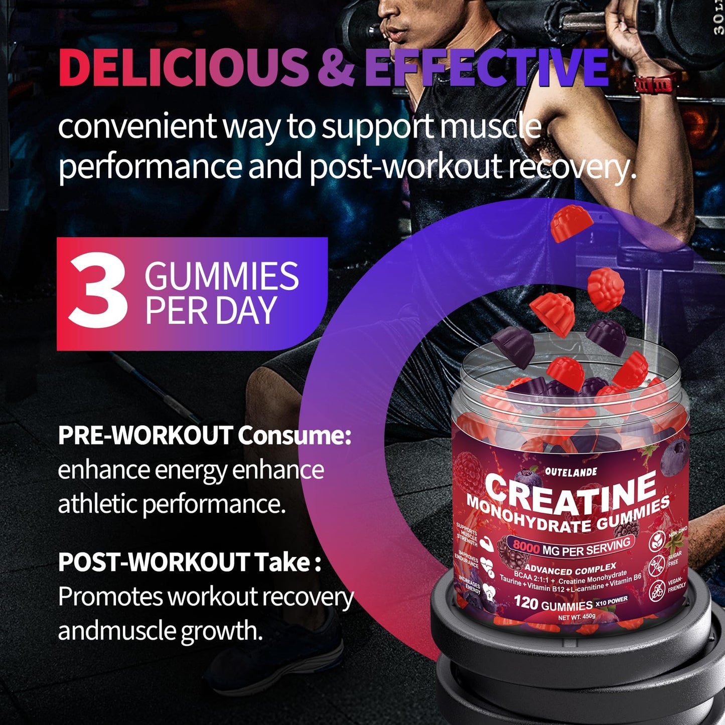 Creatine Monohydrate Gummies 8000 mg for Men & Women, Creatine Supplement for Enhanced Muscle Growth, Energy Boost - with L-Taurine, Sugar Free, Vegan - PrimeBioHealth - canada supplements
