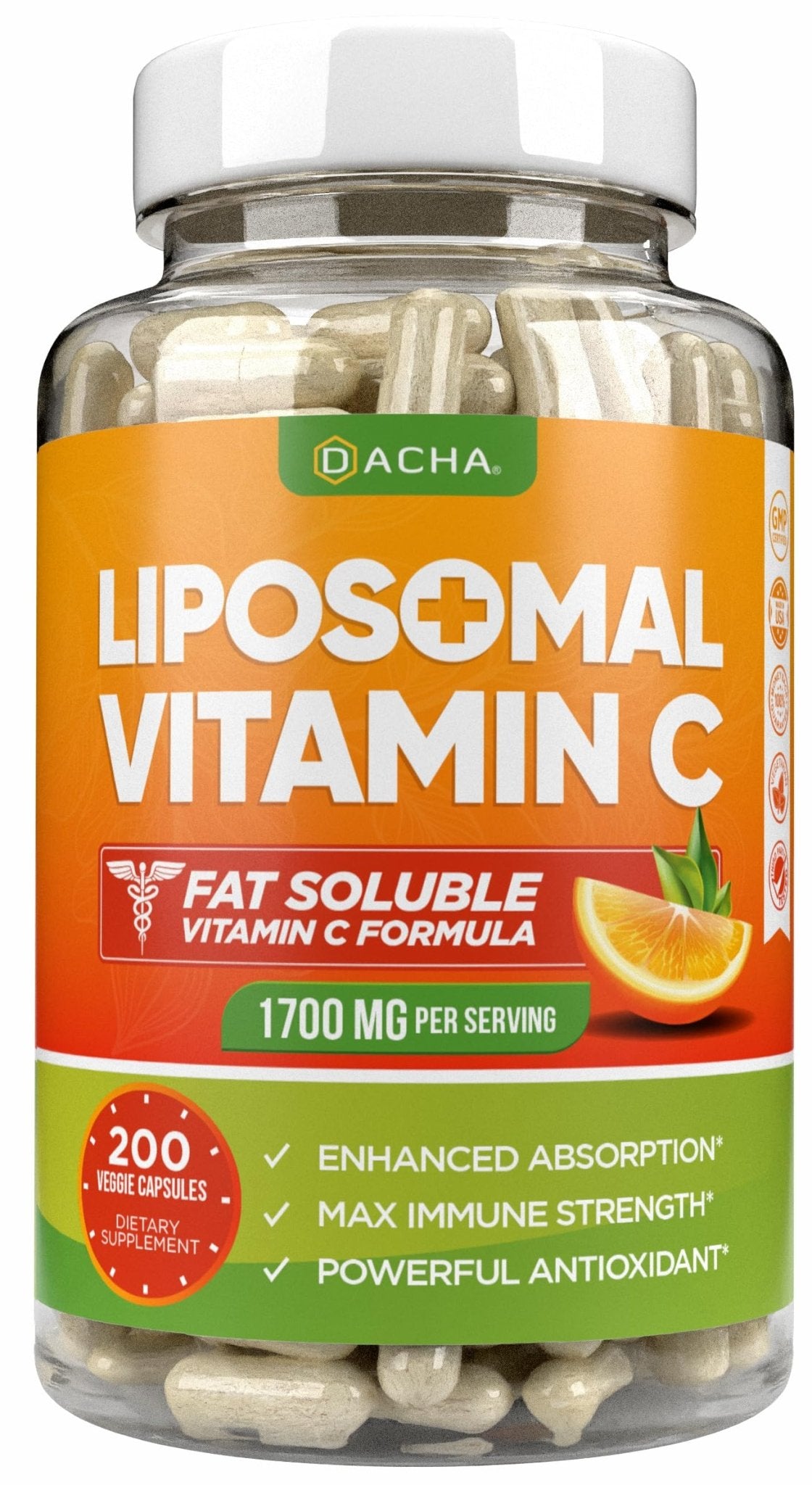 DACHA Natural Liposomal Vitamin C - 1700mg, 200 Capsules, Immune System & Collagen Booster, High Absorption Fat Soluble VIT C - PrimeBioHealth - canada supplements