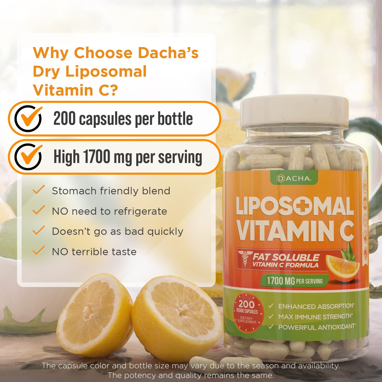 DACHA Natural Liposomal Vitamin C - 1700mg, 200 Capsules, Immune System & Collagen Booster, High Absorption Fat Soluble VIT C - PrimeBioHealth - canada supplements