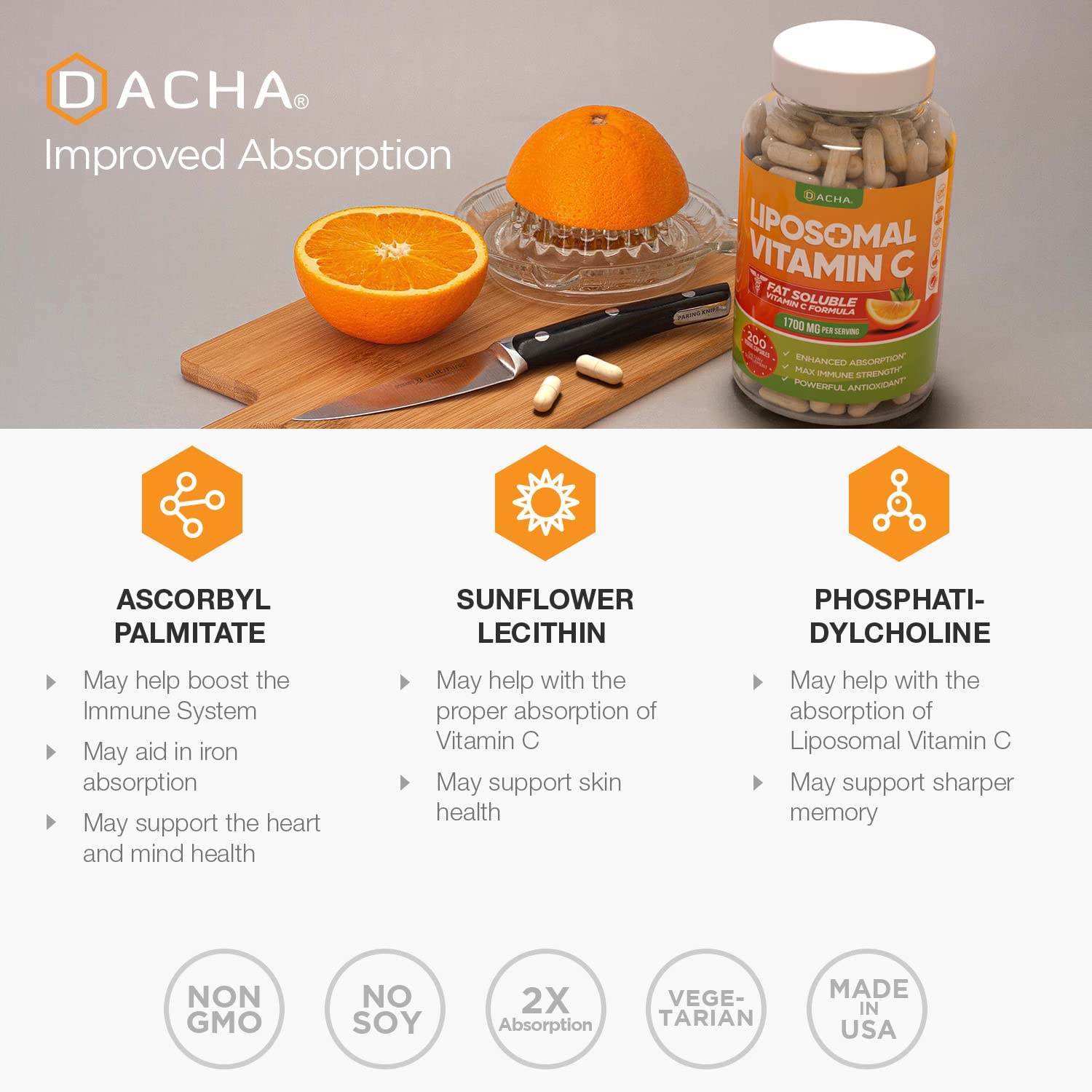 DACHA Natural Liposomal Vitamin C - 1700mg, 200 Capsules, Immune System & Collagen Booster, High Absorption Fat Soluble VIT C - PrimeBioHealth - canada supplements