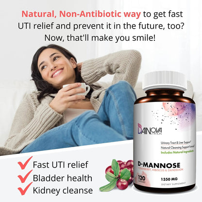 Dainova D Mannose 1350mg with Cranberry I D-Mannose Capsules for UTI Prevention, Urinary Tract Support, Urinary Tract Health for Women, & Cleanse. W/Hibiscus & Dandelion, 120 Veggie Capsules - PrimeBioHealth - canada supplements