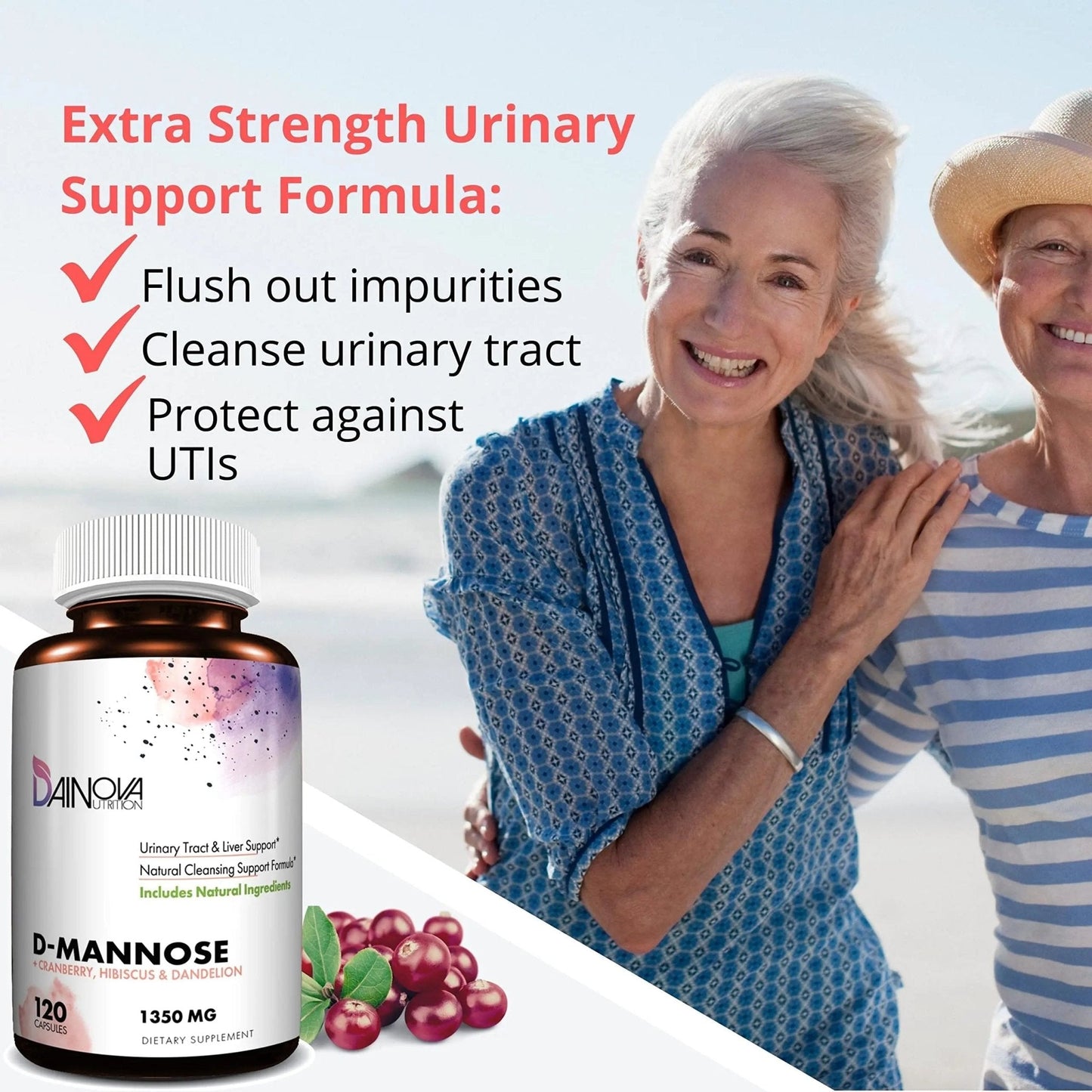 Dainova D Mannose 1350mg with Cranberry I D-Mannose Capsules for UTI Prevention, Urinary Tract Support, Urinary Tract Health for Women, & Cleanse. W/Hibiscus & Dandelion, 120 Veggie Capsules - PrimeBioHealth - canada supplements