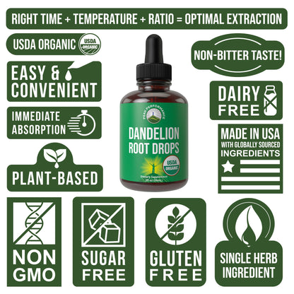 Dandelion Root Extract. USDA Organic Vegan Herbal Liquid Tincture Dandelions Supplement for Women and Men. Leaf Tonic for Immune, Liver, Gut Health. Zero Sugar, Gluten Free Supplements Not Capsules - PrimeBioHealth - canada supplements