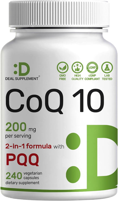 DEAL SUPPLEMENT CoQ10 200mg with PQQ 200mcg, 240 Veggie Capsules | Bioavailable Coenzyme Q10 Complex | Supports Heart, Energy & Brain Health | Antioxidant Support | Non-GMO - PrimeBioHealth - canada supplements
