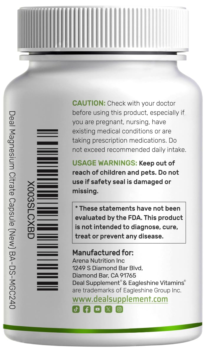 DEAL SUPPLEMENT Magnesium Citrate 500mg, 240 Capsules | Easily Absorbed, Purified Trace Mineral – One a Day, Non-GMO - PrimeBioHealth - canada supplements