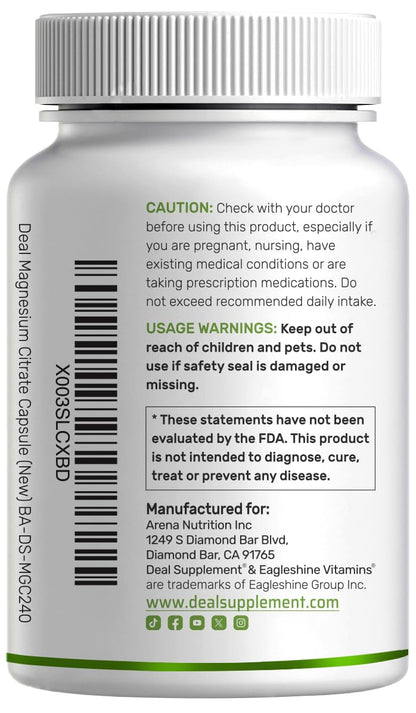 DEAL SUPPLEMENT Magnesium Citrate 500mg, 240 Capsules | Easily Absorbed, Purified Trace Mineral – One a Day, Non-GMO - PrimeBioHealth - canada supplements