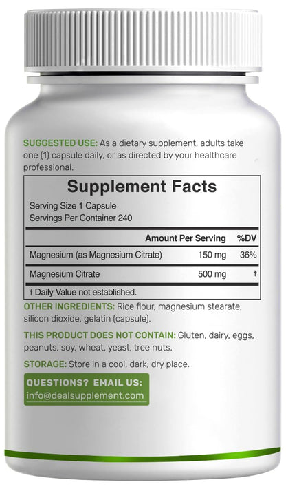 DEAL SUPPLEMENT Magnesium Citrate 500mg, 240 Capsules | Easily Absorbed, Purified Trace Mineral – One a Day, Non-GMO - PrimeBioHealth - canada supplements