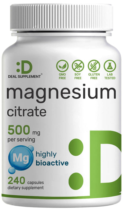 DEAL SUPPLEMENT Magnesium Citrate 500mg, 240 Capsules | Easily Absorbed, Purified Trace Mineral – One a Day, Non-GMO - PrimeBioHealth - canada supplements