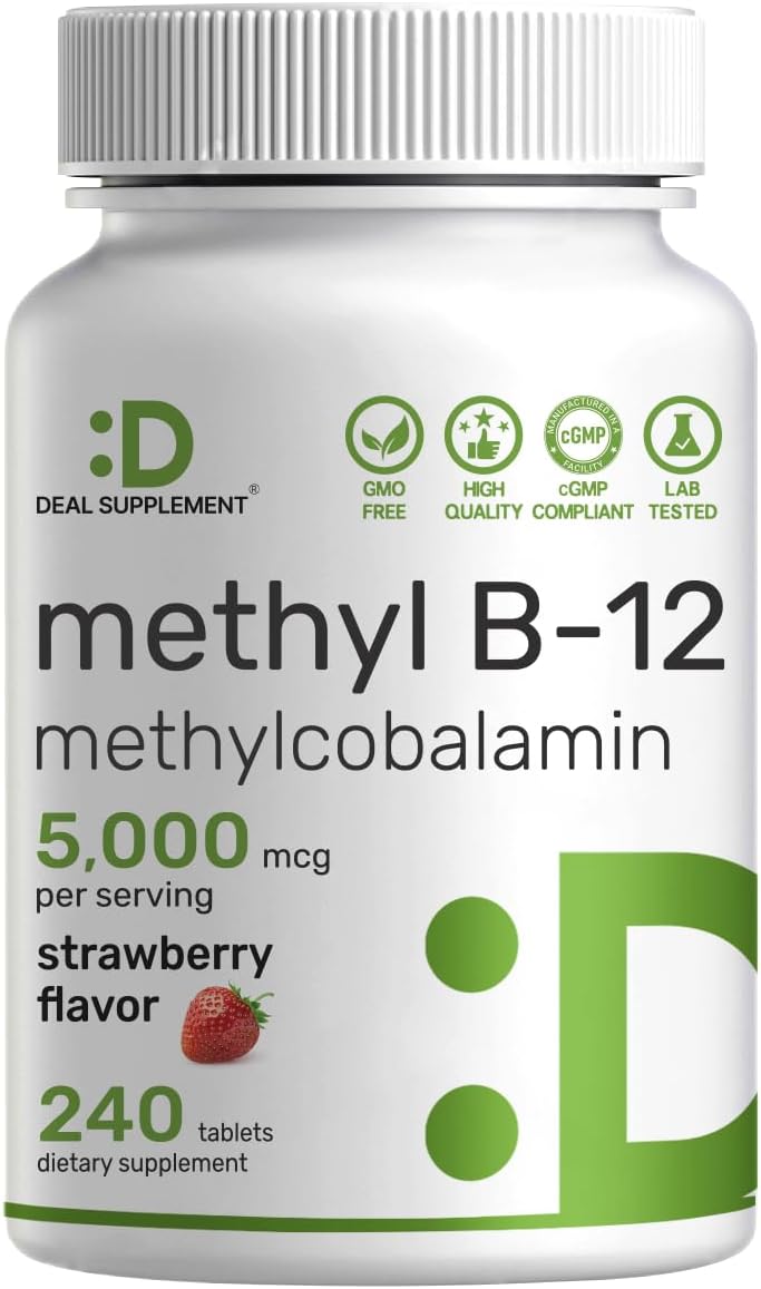 DEAL SUPPLEMENT Methyl B-12 Vitamins 5000 mcg Per Serving, 240 Tablets | Active Form - Strawberry Flavored - Vitamin B12 Supplement for Women & Men - GMO Free & Gluten Free - PrimeBioHealth - canada supplements
