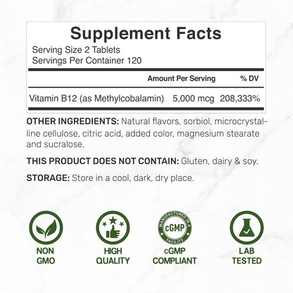 DEAL SUPPLEMENT Methyl B-12 Vitamins 5000 mcg Per Serving, 240 Tablets | Active Form - Strawberry Flavored - Vitamin B12 Supplement for Women & Men - GMO Free & Gluten Free - PrimeBioHealth - canada supplements