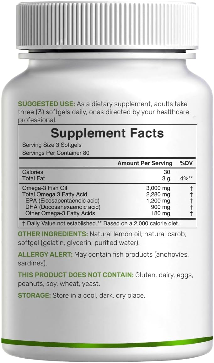 DEAL SUPPLEMENT Omega 3 Fish Oil Supplements, 3,000mg Per Serving, 240 Softgels – EPA 1,200mg + DHA 900mg – Burpless Pills, Lemon Flavored, Wild Caught – Brain & Heart Support – Mercury Free, Non-GMO - PrimeBioHealth - canada supplements