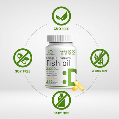 DEAL SUPPLEMENT Omega 3 Fish Oil Supplements, 3,000mg Per Serving, 240 Softgels – EPA 1,200mg + DHA 900mg – Burpless Pills, Lemon Flavored, Wild Caught – Brain & Heart Support – Mercury Free, Non-GMO - PrimeBioHealth - canada supplements