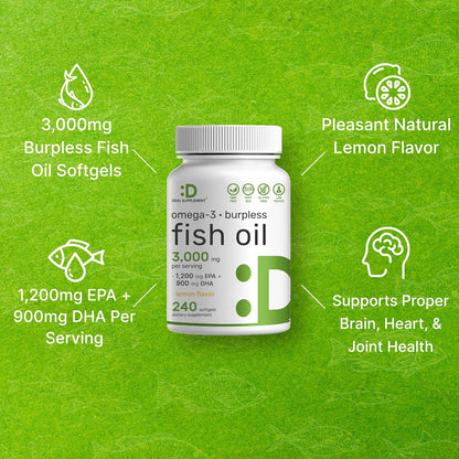 DEAL SUPPLEMENT Omega 3 Fish Oil Supplements, 3,000mg Per Serving, 240 Softgels – EPA 1,200mg + DHA 900mg – Burpless Pills, Lemon Flavored, Wild Caught – Brain & Heart Support – Mercury Free, Non-GMO - PrimeBioHealth - canada supplements