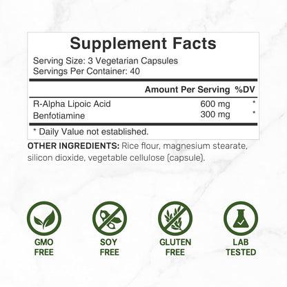 DEAL SUPPLEMENT R Alpha Lipoic Acid 600mg with Benfotiamine 300mg Per Serving, 120 Veggie Capsules – 200mg R-ALA Per Capsule – Antioxidant Supplement for Energy & Nervous System Support - PrimeBioHealth - canada supplements