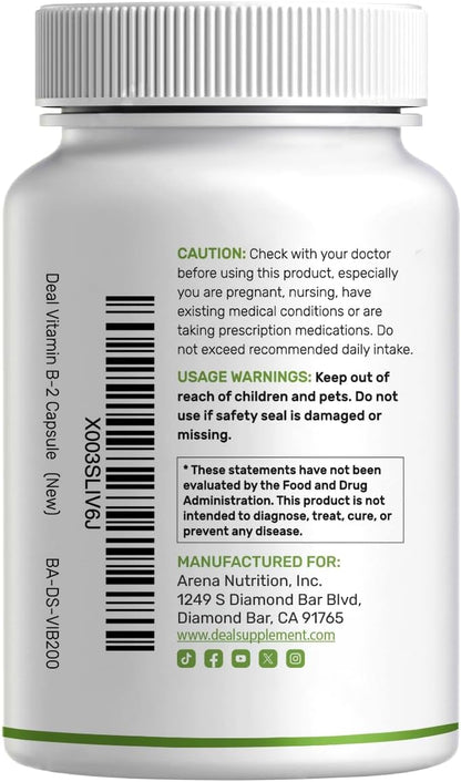 DEAL SUPPLEMENT Vitamin B2 400mg (Riboflavin) | with Magnesium Glycinate 400mg, 240 Capsules – 2 in 1 Support Healthy Nervous System, Mood, Blood & Energy Production, Non-GMO - PrimeBioHealth - canada supplements