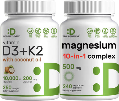 DEAL SUPPLEMENT Vitamin D3 10,000iu + K2 200mcg Softgels & Magnesium Complex Veggie Capsules Bundle – Essential Sunshine Vitamins with Coconut Oil – High Absorption Chelated Minerals, 10-in-1 - PrimeBioHealth - canada supplements