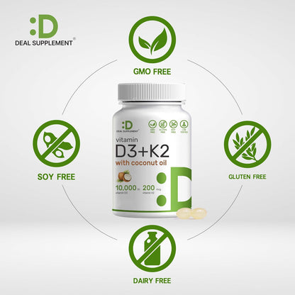 DEAL SUPPLEMENT Vitamin D3 10,000iu + K2 200mcg Softgels & Magnesium Complex Veggie Capsules Bundle – Essential Sunshine Vitamins with Coconut Oil – High Absorption Chelated Minerals, 10-in-1 - PrimeBioHealth - canada supplements