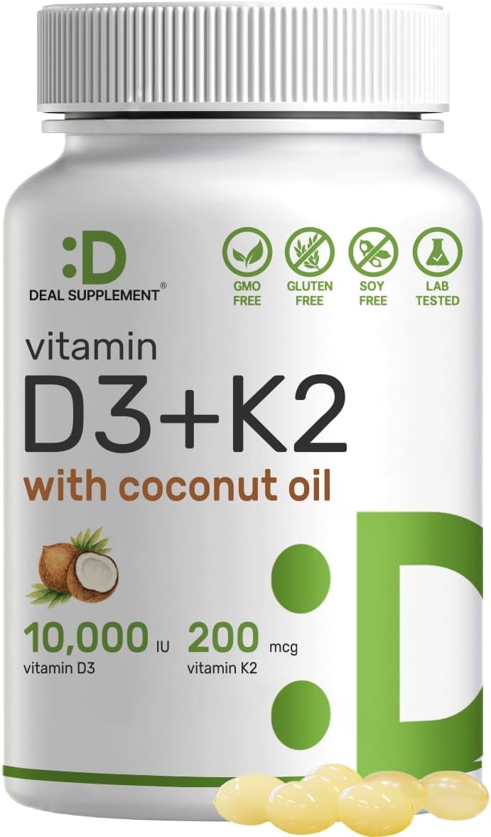 DEAL SUPPLEMENT Vitamin D3 10,000iu + K2 200mcg Softgels & Magnesium Complex Veggie Capsules Bundle – Essential Sunshine Vitamins with Coconut Oil – High Absorption Chelated Minerals, 10-in-1 - PrimeBioHealth - canada supplements