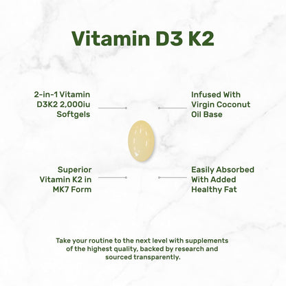 DEAL SUPPLEMENT Vitamin D3 2,000 IU + K2 MK7 50mcg Softgels | 2-in-1 Complex with Virgin Coconut Oil | Supports Heart, Bone, Teeth & Immune Health | Easy to Swallow - PrimeBioHealth - canada supplements