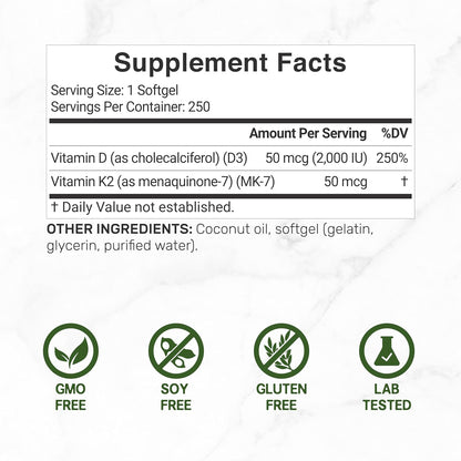 DEAL SUPPLEMENT Vitamin D3 2,000 IU + K2 MK7 50mcg Softgels | 2-in-1 Complex with Virgin Coconut Oil | Supports Heart, Bone, Teeth & Immune Health | Easy to Swallow - PrimeBioHealth - canada supplements