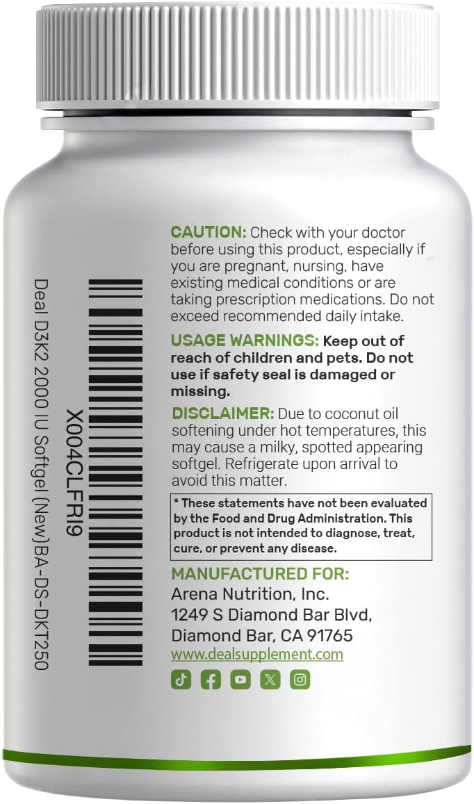 DEAL SUPPLEMENT Vitamin D3 2,000 IU + K2 MK7 50mcg Softgels | 2-in-1 Complex with Virgin Coconut Oil | Supports Heart, Bone, Teeth & Immune Health | Easy to Swallow - PrimeBioHealth - canada supplements