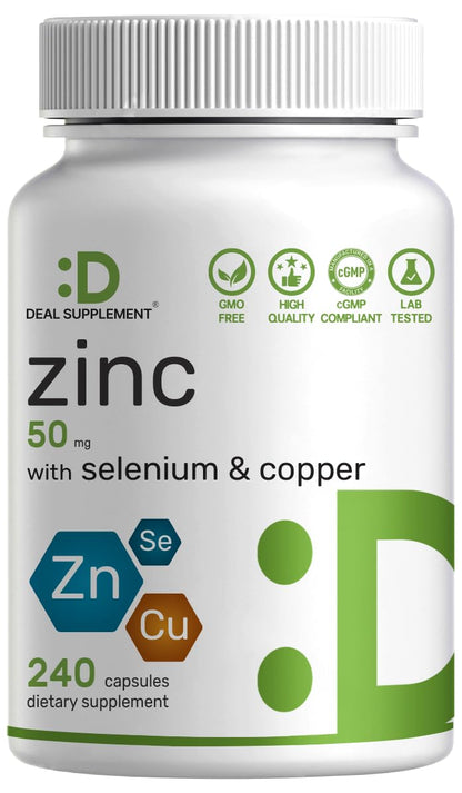 Deal Supplement Zinc 50mg with Selenium + Copper, 240 Capsules, 8 Month Supply, 3 in 1 Mineral Formula, Zinc Picolinate Complex Supplement - PrimeBioHealth - canada supplements