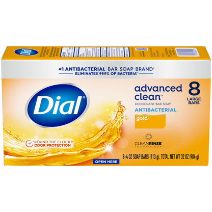 Dial Antibacterial Deodorant Bar Soap, Advanced Clean Gold, 4 Oz, 32 Bars, Round the Clock Odor Protection - PrimeBioHealth - canada supplements
