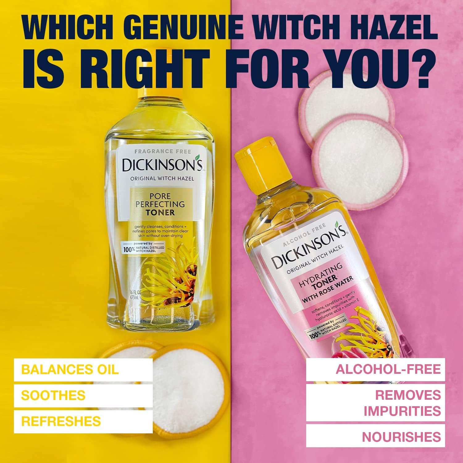 Dickinson's Enhanced Witch Hazel Hydrating Toner with Rosewater, Alcohol Free, 98% Natural Formula, 16 Fl Oz (Pack of 1) - PrimeBioHealth - canada supplements